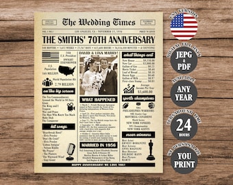 70th Wedding Anniversary Newspaper Poster: Married in 1956 Sign (Digital Download)