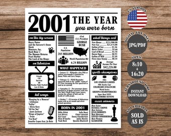 2001 Year You Were Born Poster: 25th Birthday Newspaper Sign (JPEG & PDF Digital Download)
