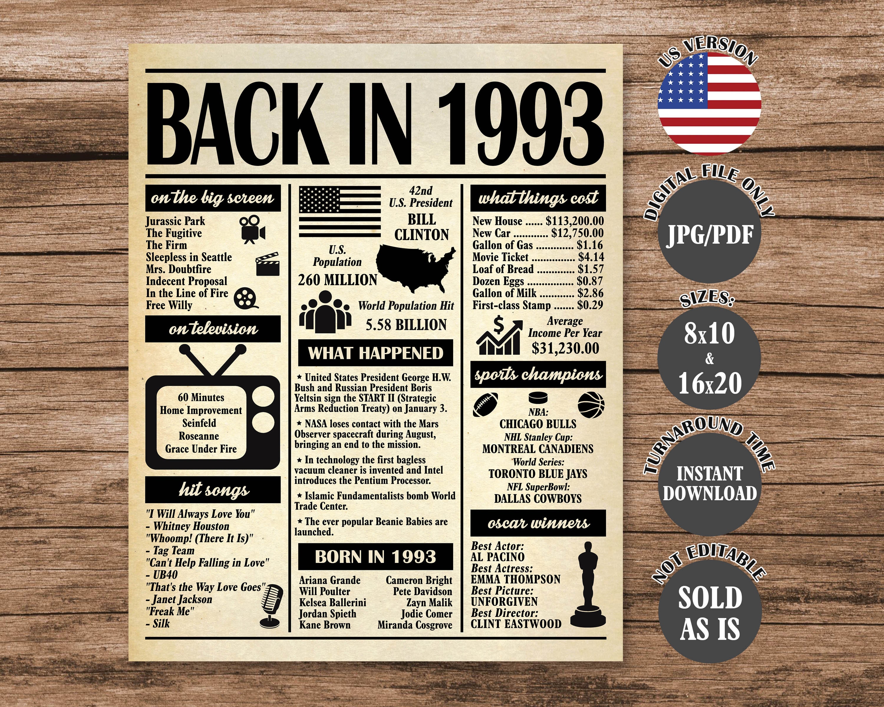 1993 Poster, 31 Years Ago Back in 1993, What Happened in 1993, 31st Birthday Sign, 31st Anniversary Poster Printable Digital Download