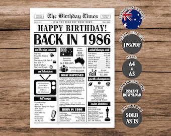 Back in 1986 Birthday Poster: Australian Facts Printable Vintage Newspaper (Digital Download)