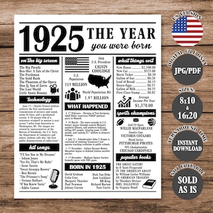 1925 The Year You Were Born, Back in 1925 Poster, What Happened in 1925 Fun Facts Sign 100 Years Ago, 100th Birthday Newspaper Sign