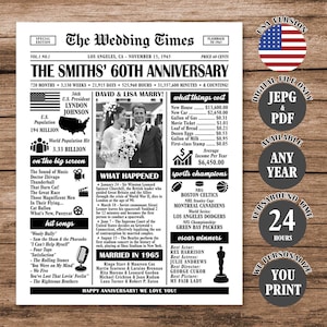 60th Anniversary Newspaper Poster, 1965 Anniversary Sign, 60th Wedding Anniversary Gift, Married in 1965 Poster Digital Download