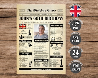 60th Birthday Newspaper Poster UK, Back in 1964 British Poster, What Happened in 1964, Born in 1964 Sign United Kingdom Version Printable