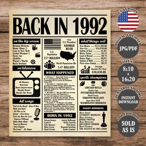 May include: A vintage-style poster with the headline "BACK IN 1992" in bold black letters. The poster includes information about the year's events, including movies, TV shows, hit songs, and sports champions. The poster is a digital file, available in JPG/PDF format, in 8x10 and 16x20 sizes.