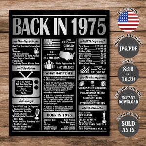 1975 50th Birthday Anniversary Poster: Fun Facts, Highlights (Digital Download)