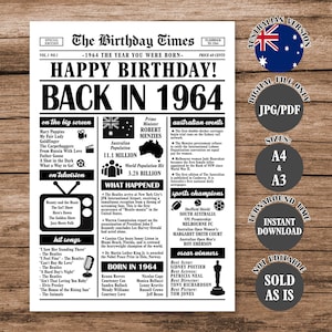 1964 Year You Were Born Back in 1964 Australian Poster What Happened in 1964 in Australia Born in 1964 Aussie Version Newspaper Sign Digital