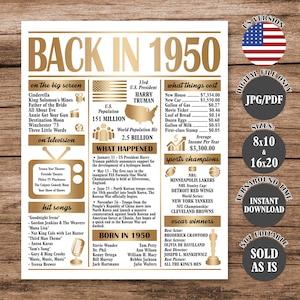 Gold Back in 1950 Poster 75 Years Ago, What Happened in 1950, 75th Birthday Sign, 75th Anniversary Poster Printable Digital Download