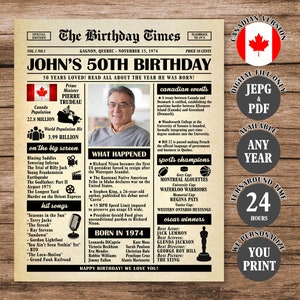 50th Birthday Newspaper Poster Canada, Back in 1974 Poster, What Happened in 1974, Born in 1974 Sign Canadian Version Printable