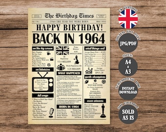 1964 Year You Were Born Back in 1964 United Kingdom Poster What Happened in 1964 in UK Born in 1964 British Version Newspaper Sign Digital