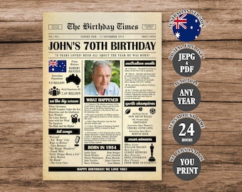 70th Birthday Newspaper Poster Australia, Back in 1954 Aussie Poster, What Happened in 1954, Born in 1954 Sign Australian Version Printable