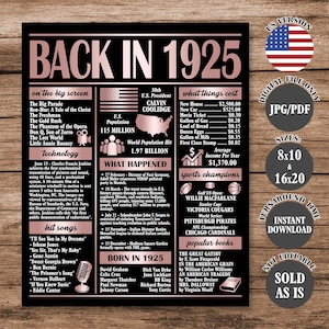 Rose Gold Back in 1925 Poster 100 Years Ago, What Happened in 1925, 100th Birthday Sign, 100th Anniversary Poster Printable Digital Download