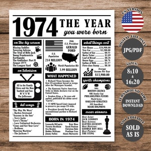 Può includere: Un poster in bianco e nero con la scritta "1974 L'anno in cui sei nato". Il poster include informazioni sugli eventi dell'anno, tra cui film, programmi TV, canzoni di successo e campioni sportivi.