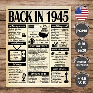 1945 Poster, 80 Years Ago Back in 1945, What Happened in 1945, 80th Birthday Sign, 80th Anniversary Poster Printable Digital Download