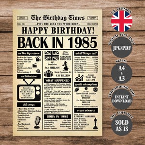 1985 Year You Were Born Back in 1985 United Kingdom Poster What Happened in 1985 in UK Born in 1985 British Version Newspaper Sign Digital