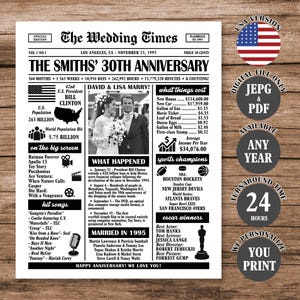 30th Wedding Anniversary Newspaper Poster, 1995 Anniversary Sign, 30th Anniversary Gift, Married in 1995 Poster Digital Download