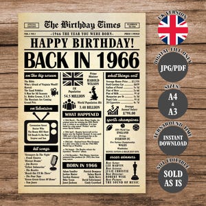 Könnte beinhalten: Ein Print im Vintage-Stil mit dem Titel "The Birthday Times" aus dem Jahr 1966, mit Schlagzeilen, Filmtiteln, Fernsehsendungen und Hitsongs aus diesem Jahr. Der Print enthält Informationen über das Vereinigte Königreich und die Weltbevölkerung.