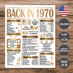 1970 55th Birthday Anniversary Poster: Gold Back in 1970 Facts (Digital Download)