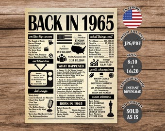 Back in 1965 Poster, 1965 The Year You Were Born, What Happened in 1965 Fun Facts Sign 60 Years Ago, 60th Birthday Newspaper Sign