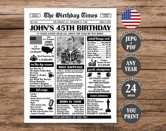 1980 45th Birthday Newspaper Poster: Fun Facts Sign (PDF & JPEG Digital Download