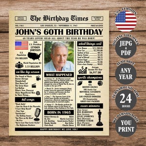 60th Birthday Newspaper Sign, Back in 1965 Poster, 60th Birthday Gift, What Happened in 1965 Personalized Poster Digital Download