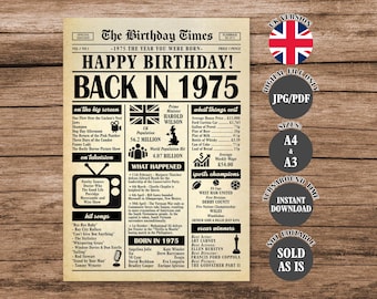 1975 UK Birthday Newspaper Poster: 50th Birthday Gift (Digital Download)