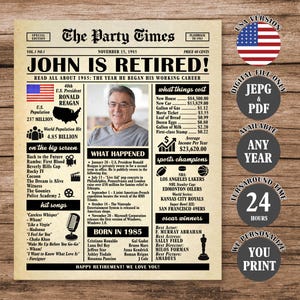 Retirement Newspaper Poster, Retirement Gift for Men or Women Work Anniversary Gift, Retirement Party Decoration, ANY YEAR, Digital Download