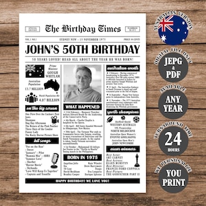 Australia 50th Birthday Gift, 1975 Birthday Newspaper Sign, 50 Years Ago Back in 1975 Birthday Poster, 50th Birthday Decorations Digital