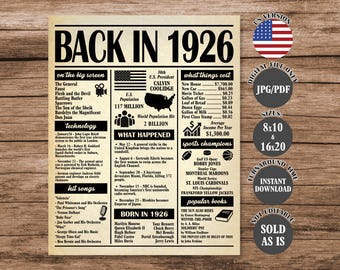 Back in 1926 Poster: 100th Birthday/Anniversary Gift (Digital Download)