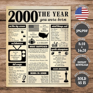 2000 The Year You Were Born, Back in 2000 Poster, What Happened in 2000, 25th Birthday Gift, 25th Birthday Newspaper Sign
