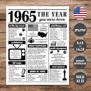 1965 The Year You Were Born, Back in 1965vPoster, What Happened in 1965 Fun Facts Sign 60 Years Ago, 60th Birthday Newspaper Sign