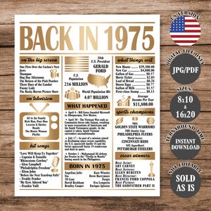 Gold Back in 1975 Poster 50 Years Ago, What Happened in 1975, 50th Birthday Sign, 50th Anniversary Poster Printable Digital Download
