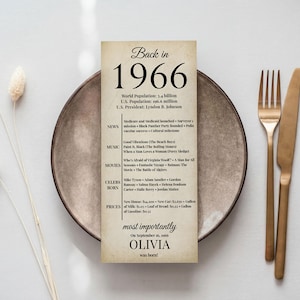 May include: A rectangular paper sign with a vintage beige background featuring the text Back in 1966, listing historical facts, pop culture, and economic data from that year, ending with the name Olivia and the birth date September 26, 1966.