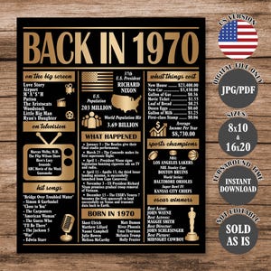 Gold Back in 1970 Poster, 55th Birthday Gift, What Happened in 1970, 55th Birthday Sign, 55th Anniversary Poster Printable Digital Download