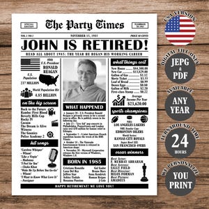 Retirement Newspaper Poster, Retirement Gift for Men or Women Work Anniversary Gift, Retirement Party Decoration, ANY YEAR, Digital Download