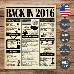 Może przedstawiać: Plakat w stylu vintage zatytułowany "BACK IN 2016" z informacjami o wydarzeniach roku, w tym filmach, programach telewizyjnych, przebojach i mistrzach sportowych. Plakat zawiera flagę USA i napis "U.S. Version."