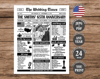 65th Wedding Anniversary Newspaper Poster, 1959 Anniversary Sign, 65th Anniversary Gift, Married in 1959 Poster Digital Download