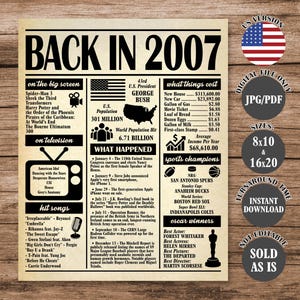 2007 Poster, 18 Years Ago Back in 2007, What Happened in 2007, 18th Birthday Sign, 18th Anniversary Poster Printable Digital Download