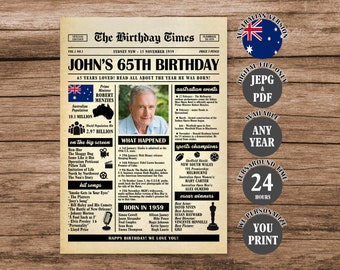 65th Birthday Newspaper Poster Australia, Back in 1959 Aussie Poster, What Happened in 1959, Born in 1959 Sign Australian Version Printable