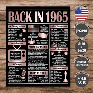 Rose Gold Back in 1965 Poster 60 Years Ago, What Happened in 1965, 60th Birthday Sign, 60th Anniversary Poster Printable Digital Download