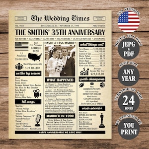 35th Wedding Anniversary Newspaper Poster Personalized 35 Years Married Sign 1990 Anniversary Gift 1990 Wedding Keepsake for Parents