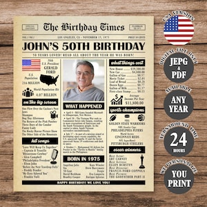 50th Birthday Newspaper Poster: 1975 Facts & Highlights (Digital File)