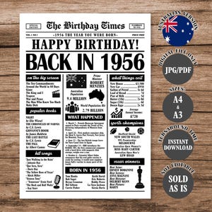 以下が含まれることがあります： 1956年の「The Birthday Times」というタイトルの白黒プリントで、見出し、人気のある本、ヒット曲、歴史的事実が特徴です。オーストラリアの国旗のグラフィックと、その年の出来事に関するテキストが含まれています。