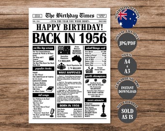 Back in 1956 Birthday Poster: Australian Facts Printable Vintage Newspaper (Digital Download)