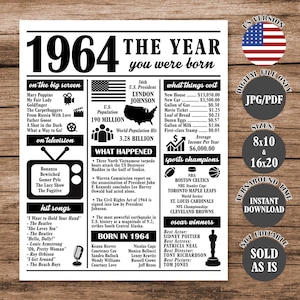 1964 The Year You Were Born, Back in 1964 Poster, What Happened in 1964 Fun Facts Sign 60 Years Ago, 60th Birthday Newspaper Sign