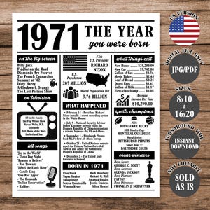 May include: A monochrome poster titled "1971 The Year You Were Born." It features details about films, TV shows, popular songs, and sports winners from 1971. The poster also includes the U.S. President, population, and significant world events.