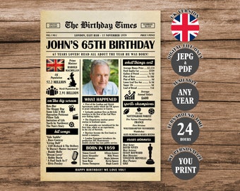 65th Birthday Newspaper Poster UK, Back in 1959 British Poster, What Happened in 1959, Born in 1959 Sign United Kingdom Version Printable