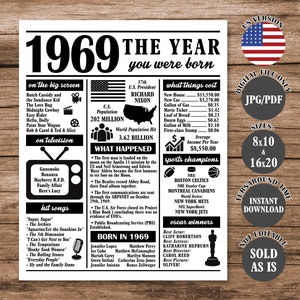 1969 The Year You Were Born, Back in 1969 Poster, What Happened in 1969 Fun Facts Sign 55 Years Ago, 55th Birthday Newspaper Sign