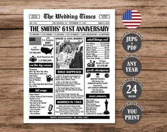 61st Wedding Anniversary Newspaper Poster, 1963 Anniversary Sign, 61st Anniversary Gift, Married in 1963 Poster Digital Download