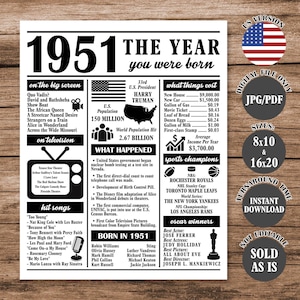 1951 The Year You Were Born, Back in 1951 Poster, What Happened in 1951 Fun Facts Sign 74 Years Ago, 74th Birthday Newspaper Sign