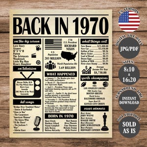 1970 Poster, 55 Years Ago Back in 1970, What Happened in 1970, 55th Birthday Sign, 55th Anniversary Poster Printable Digital Download